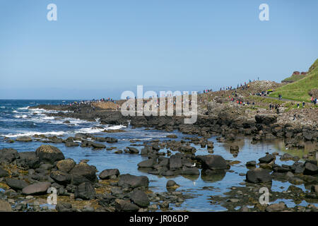 View on the Giant`s Causeway coast stretching out to the Atlantic ocean occupied by tourists and visitors Bushmills Antrim Northern Ireland Stock Photo
